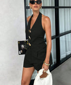 Women's casual metal button V-neck vest and shorts set by FitiqueFit, featuring a stylish V-neck vest and matching shorts.