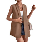 Women’s mid-length sleeveless suit vest by FitiqueFit, casual office blazer with tailored fit and clean lines, ideal for professional wear.