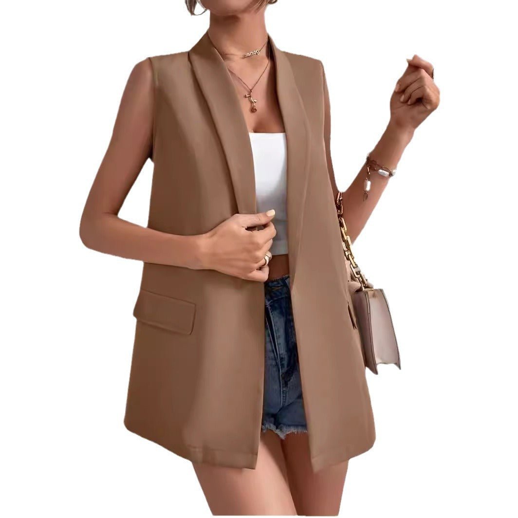 Women’s mid-length sleeveless suit vest by FitiqueFit, casual office blazer with tailored fit and clean lines, ideal for professional wear.