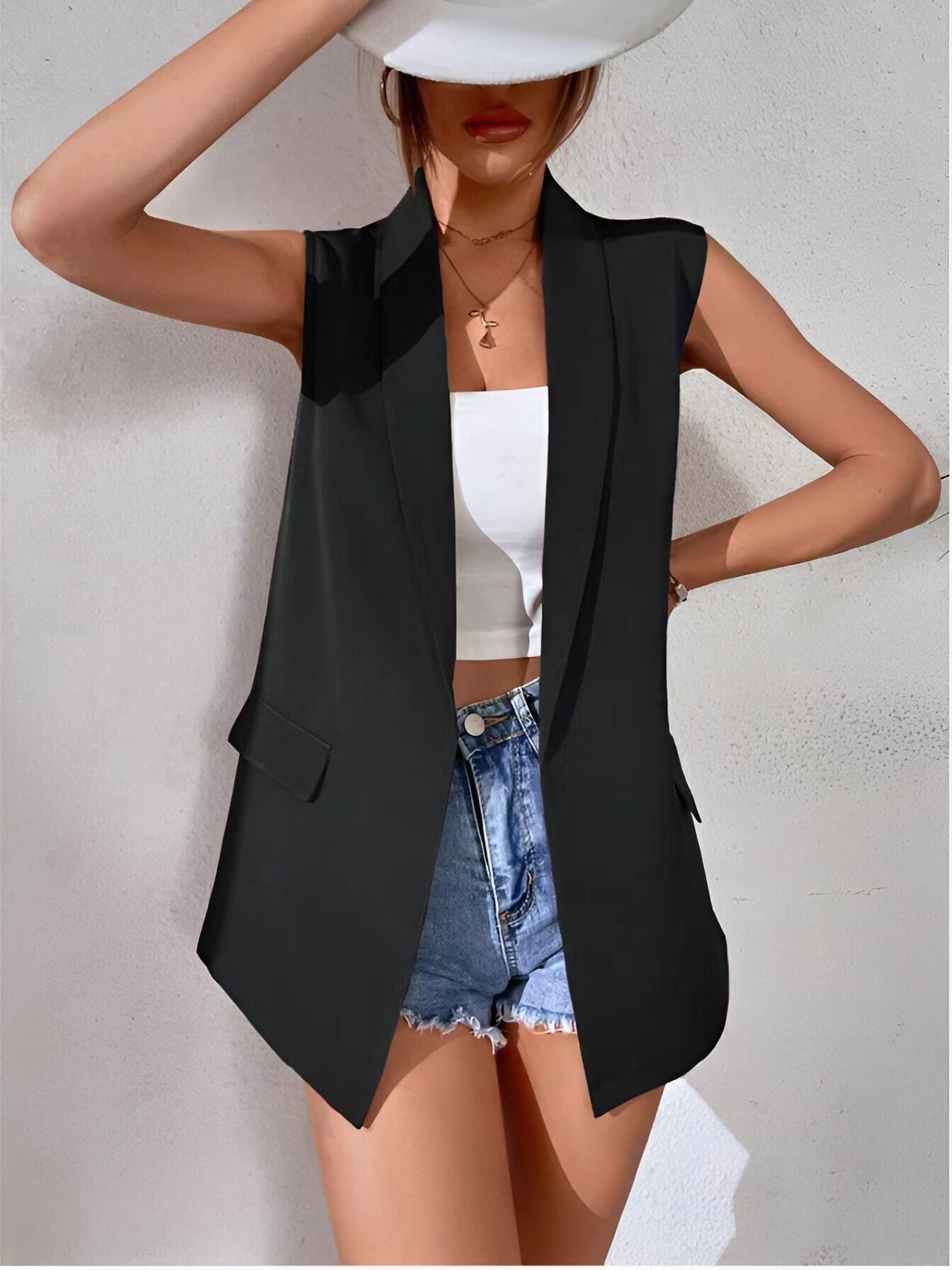 Women's mid-length sleeveless suit vest by FitiqueFit, casual office blazer with tailored fit and structured style.