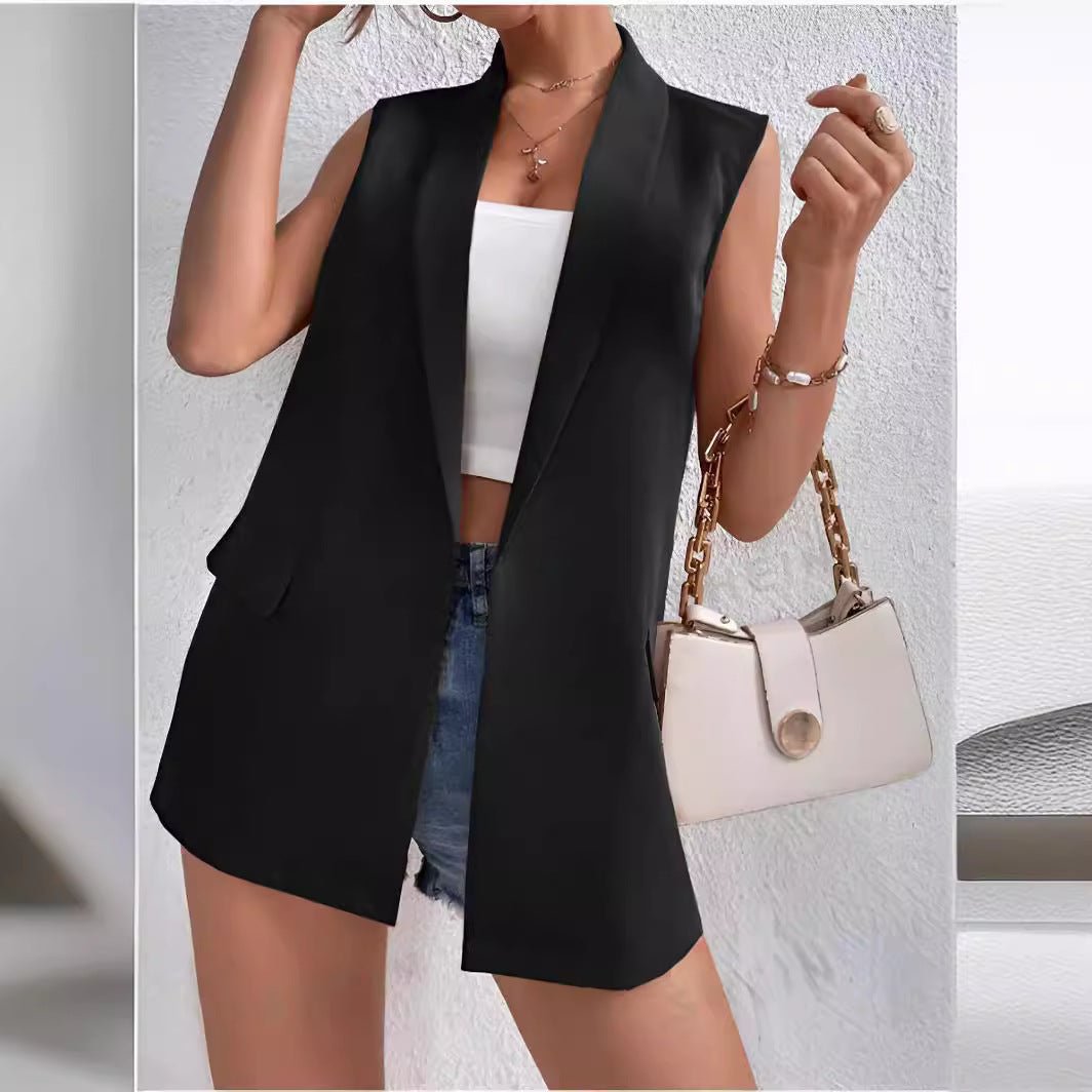 Women's mid-length sleeveless suit vest from FitiqueFit, casual office blazer with tailored fit and structured design.