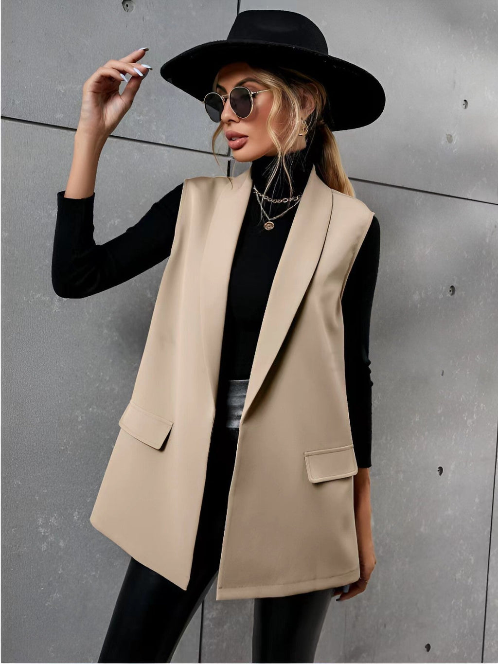 Women’s sleeveless mid-length suit vest by FitiqueFit, casual office blazer with tailored fit and sleek design.