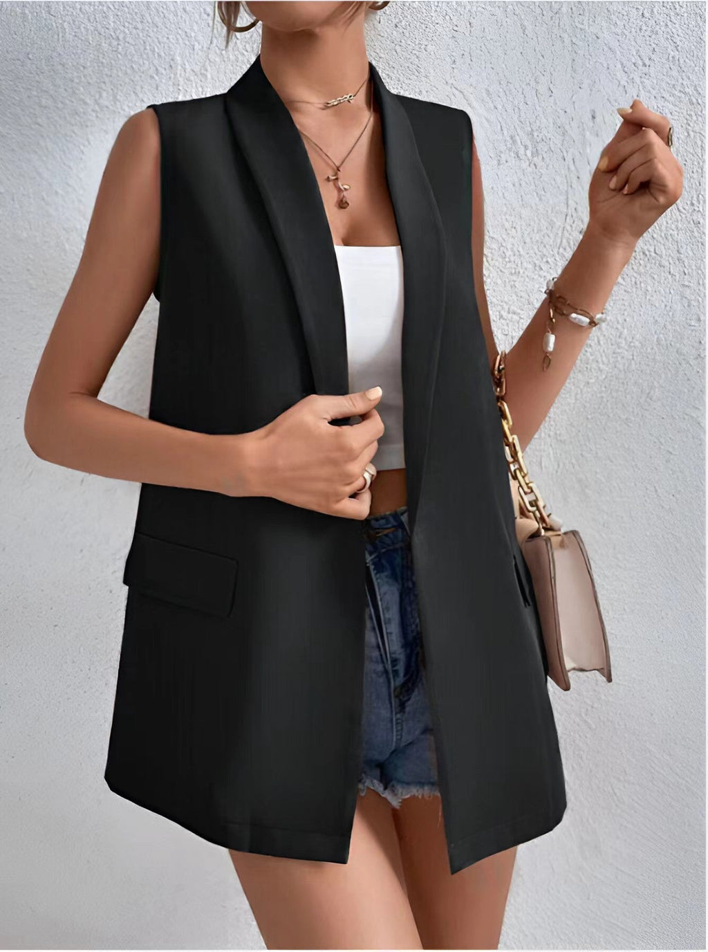 Women’s mid-length sleeveless suit vest by FitiqueFit, casual office blazer with a tailored fit and classic design.