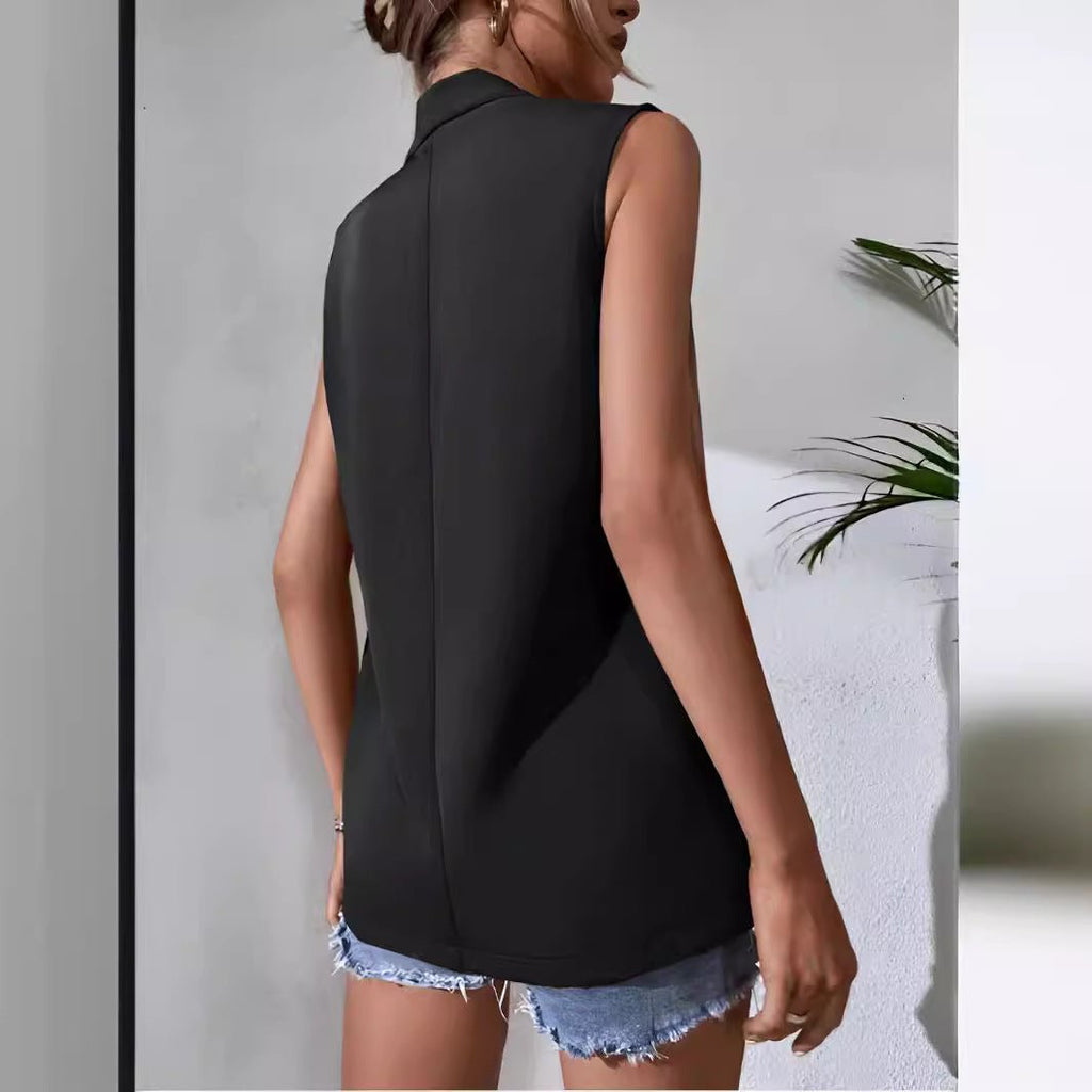 Women’s mid-length sleeveless suit vest by FitiqueFit, casual office blazer with tailored fit and classic style.