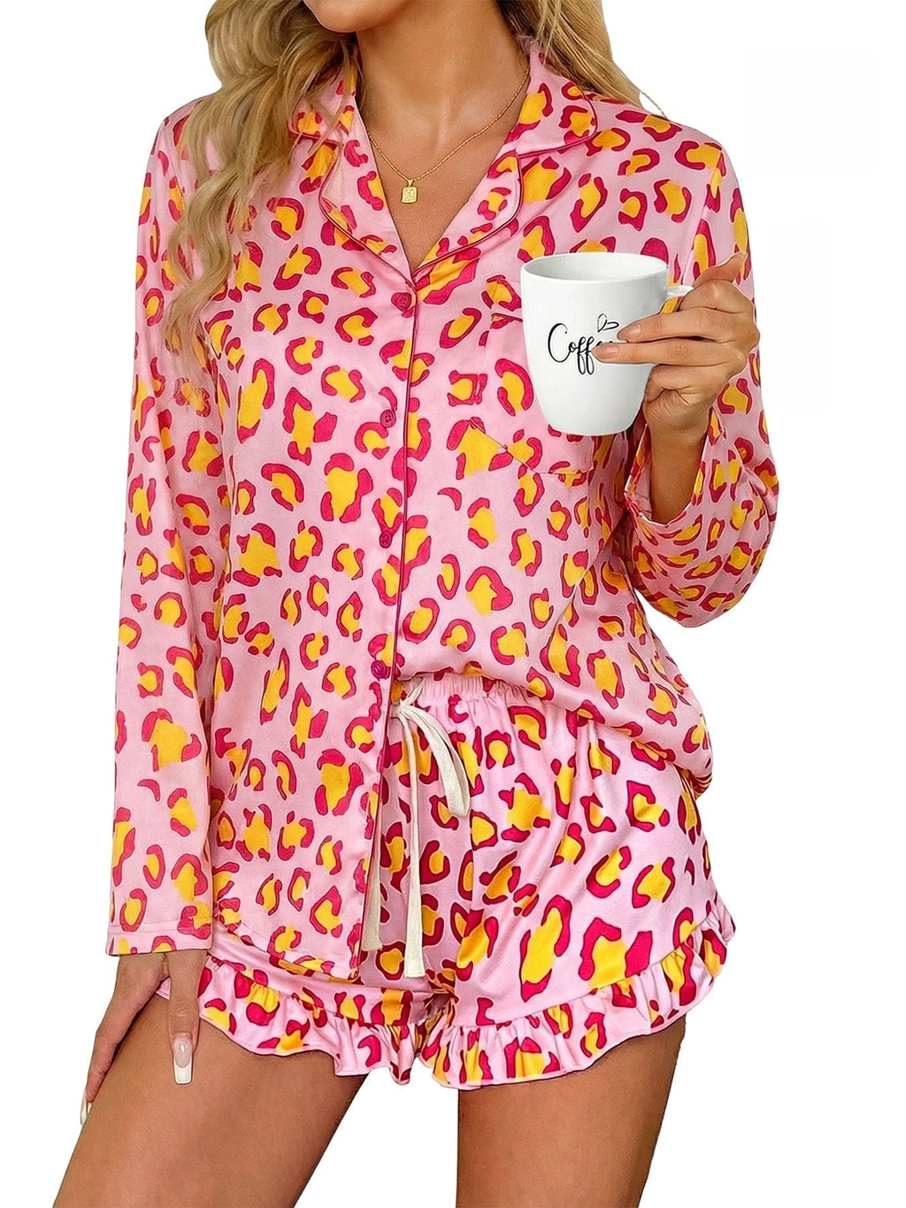 Women’s milk silk leopard print pajama set by FitiqueFit featuring a relaxed casualwear design and comfortable fit.