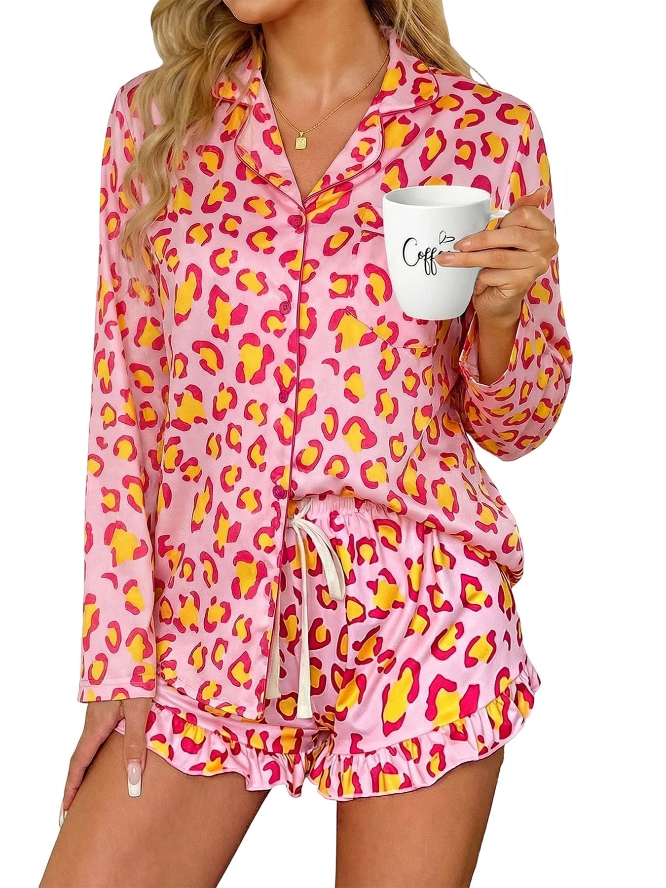 Women’s milk silk leopard print pajama set by FitiqueFit featuring a relaxed casualwear design and comfortable fit.