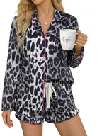 Women’s milk silk leopard print pajama set by FitiqueFit, featuring a comfortable casualwear design with a stylish animal print.