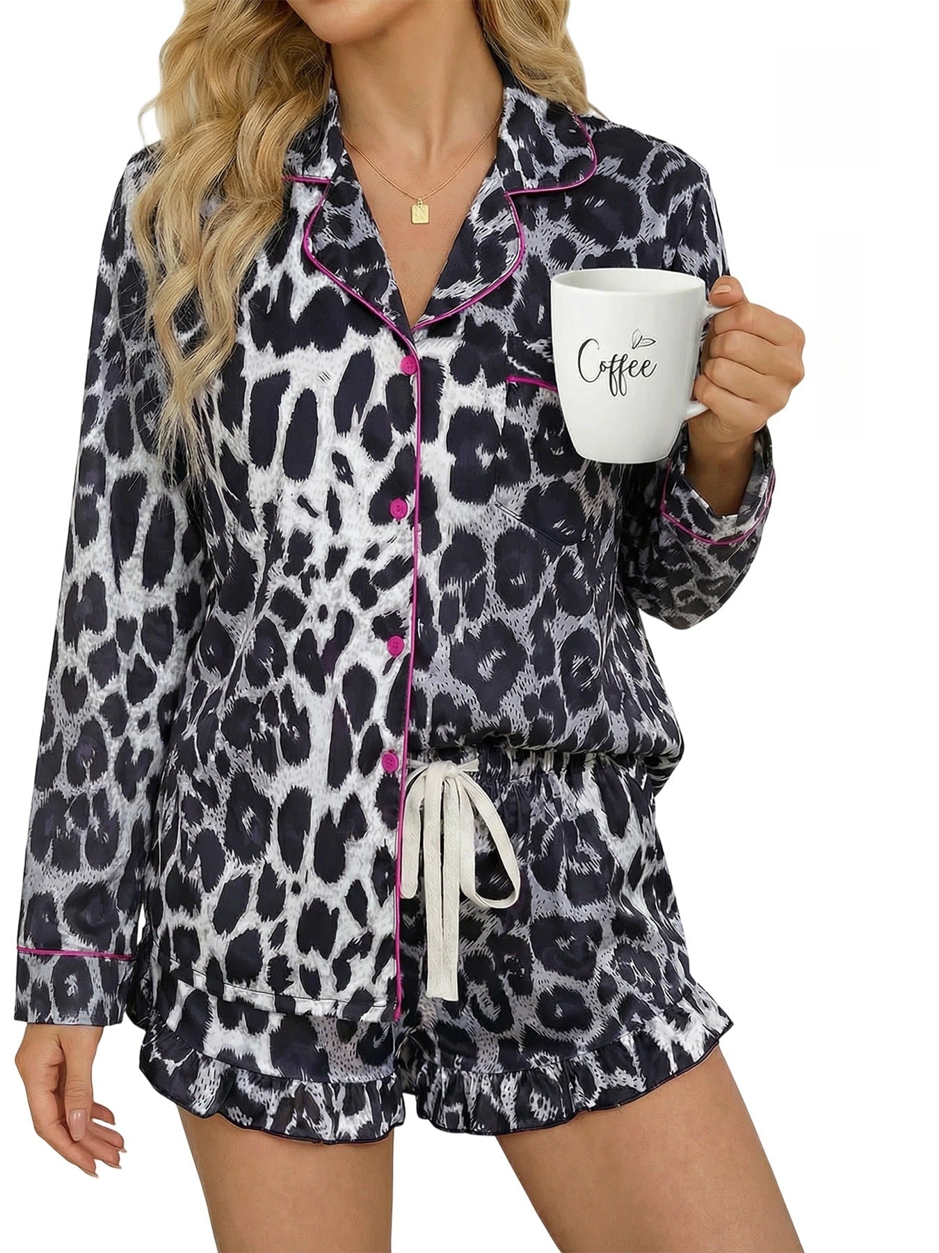Women’s milk silk leopard print pajama set by FitiqueFit, featuring a comfortable casualwear design with a stylish animal print.