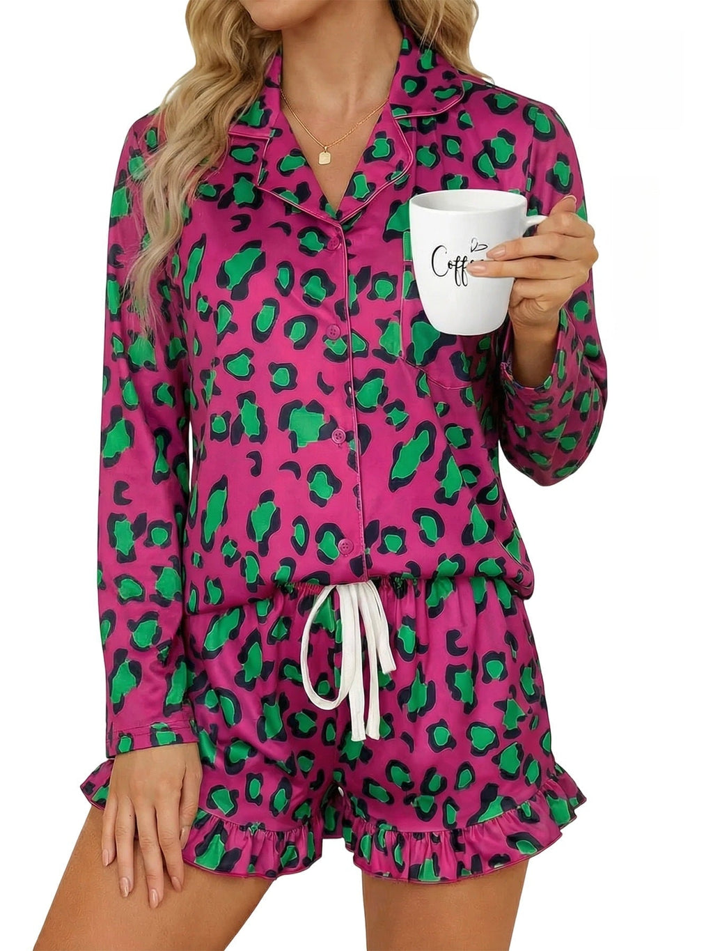 Women’s milk silk leopard print pajama set by FitiqueFit featuring a comfortable casualwear design with stylish animal print.