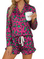 Women’s milk silk leopard print pajama set by FitiqueFit featuring a comfortable casualwear design with stylish animal print.