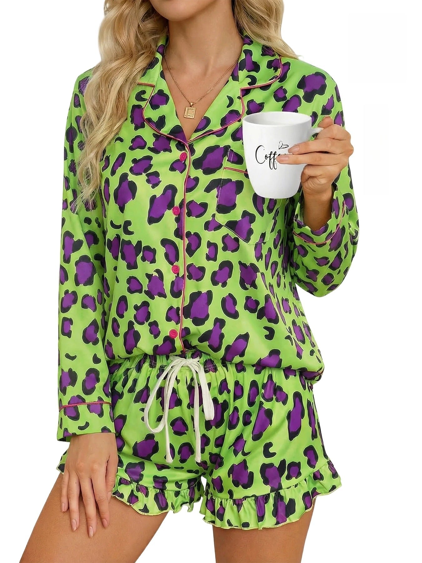 Women’s milk silk leopard print pajama set by FitiqueFit, featuring a comfortable casualwear design with a stylish animal print.