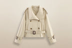Women's short trench coat with notch collar and belt buckle detail, stylish FitiqueFit jacket perfect for layered outfits.