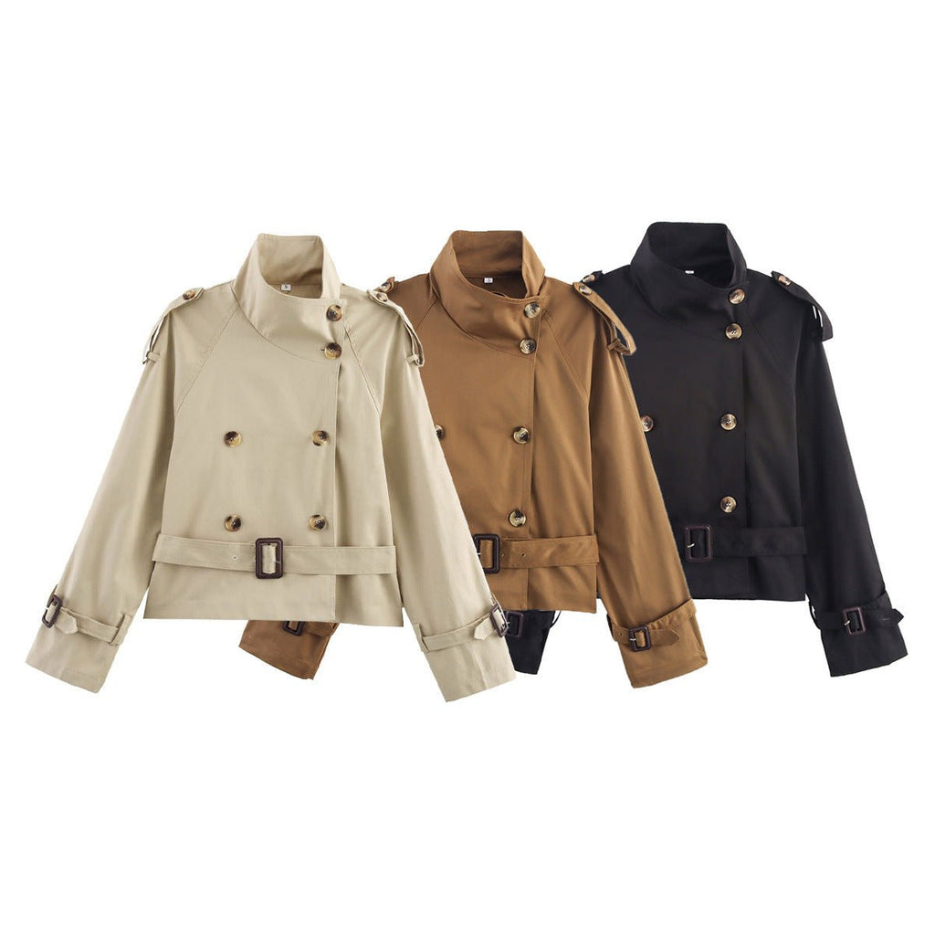Women's short trench coat with notch collar and belt buckle detail, stylish FitiqueFit jacket perfect for transitional weather.