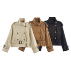 Women's short trench coat with notch collar and belt buckle detail, stylish FitiqueFit jacket perfect for transitional weather.