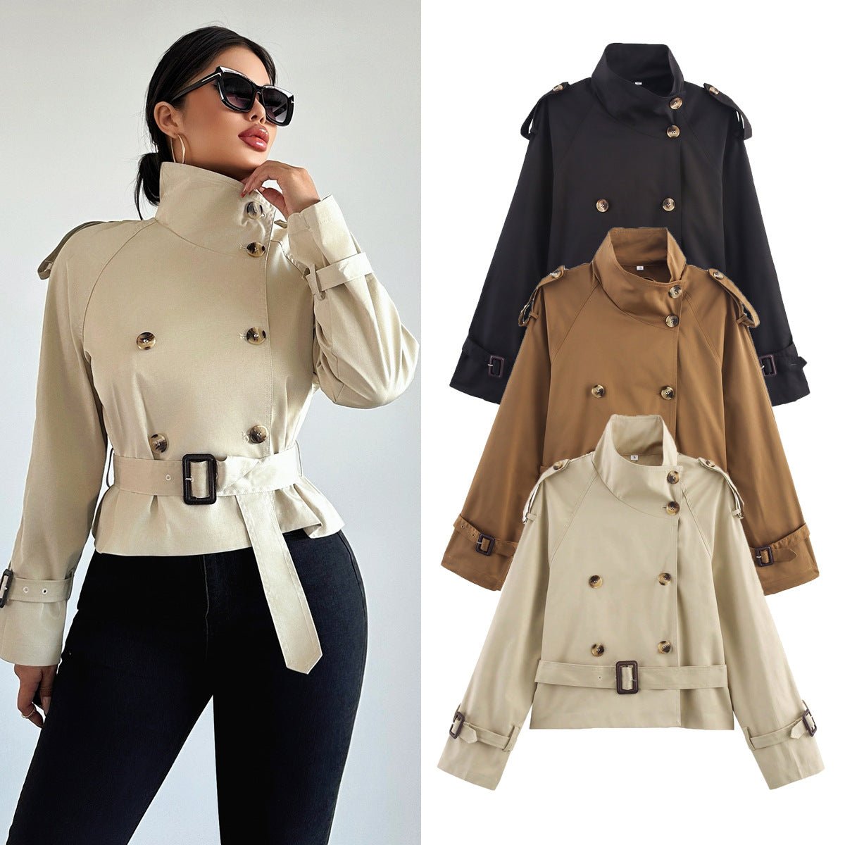 Women's short trench coat with notch collar and belt buckle detail, FitiqueFit jackets, stylish and lightweight outerwear.