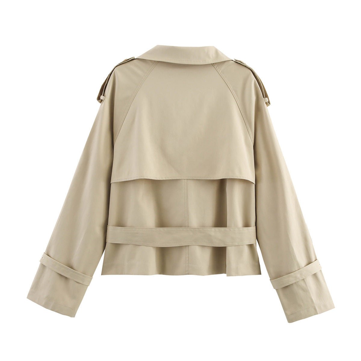 Women's short trench coat with notch collar and belt buckle detail, stylish FitiqueFit jacket perfect for layering.