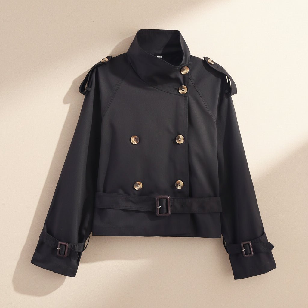 Women's short trench coat with notch collar and belt buckle detail, stylish FitiqueFit jacket for a chic, modern look.