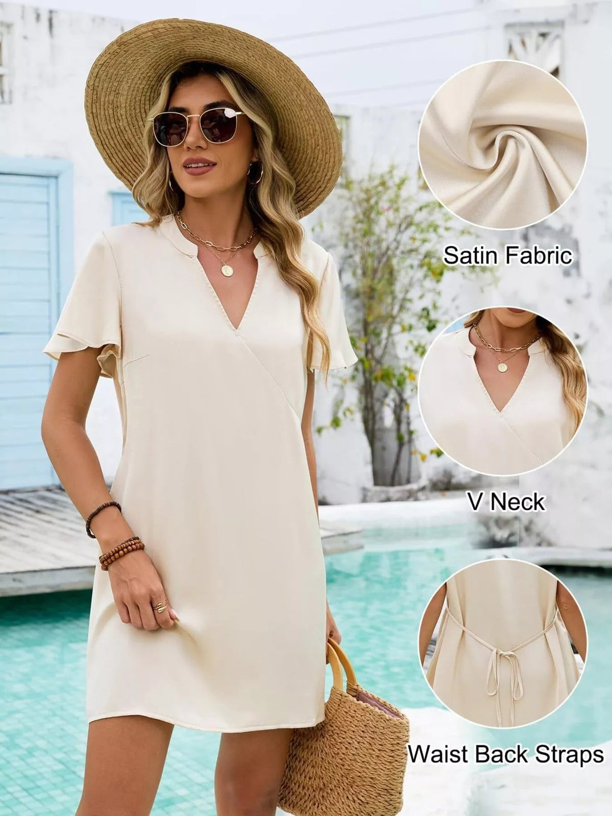 Women's casual summer shift dress with flutter sleeves and notched neckline by Plush Fashion Hub, perfect for warm weather.