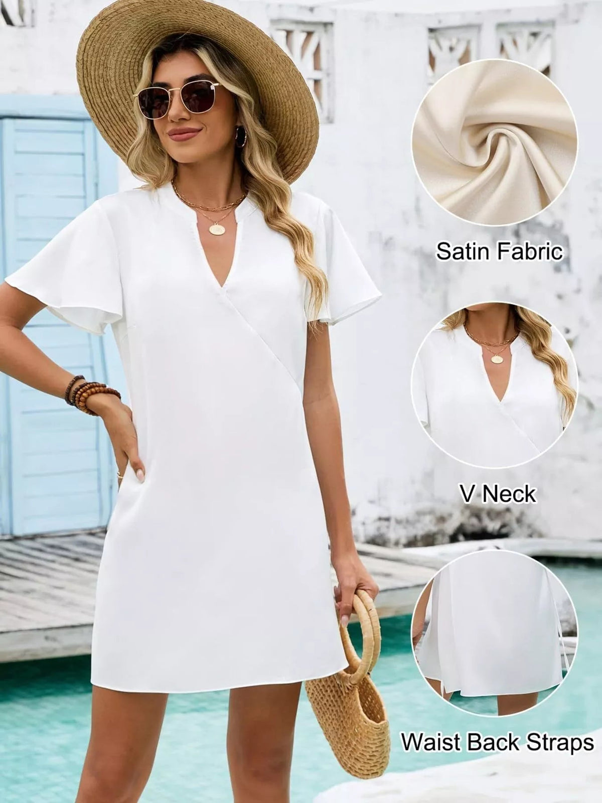 Women's casual summer shift dress with notched flutter sleeves by Plush Fashion Hub, featuring a relaxed fit and stylish design.