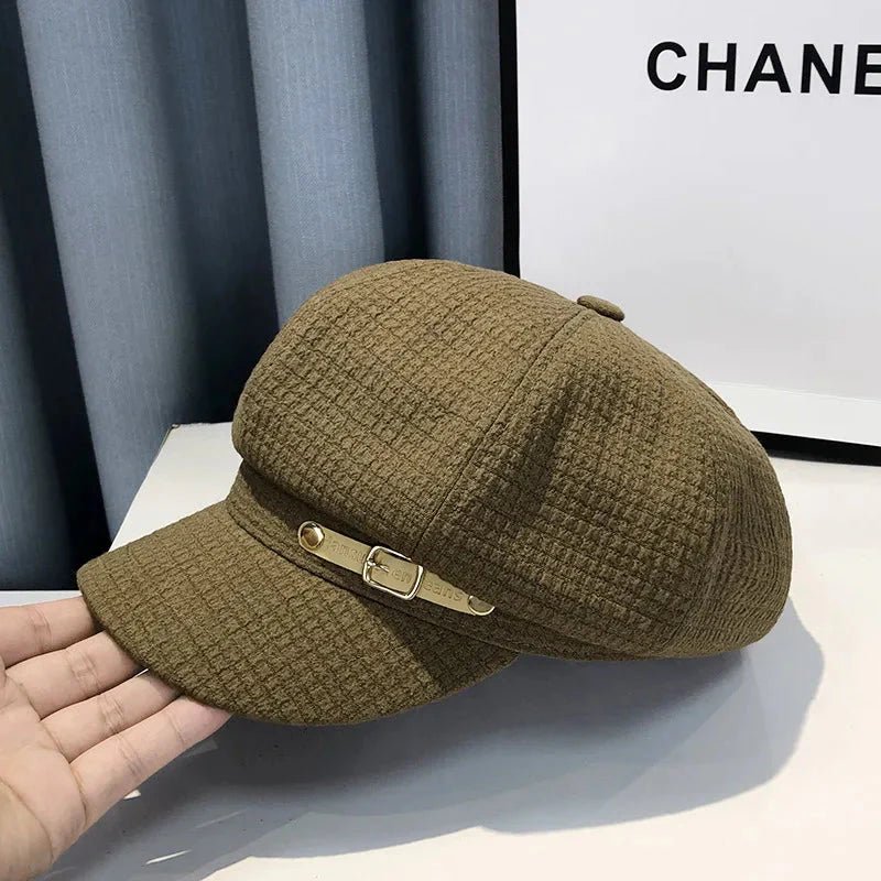 Women's octagonal newsboy beret by FitiqueFit, stylish wool cap with a classic pattern and snug fit for fall and winter wear.