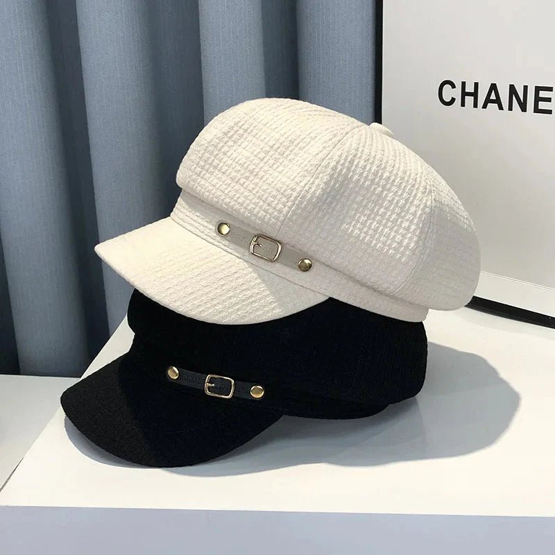 Women's octagonal newsboy beret by FitiqueFit, stylish hat with a classic design, showcased on a model in a close-up shot.