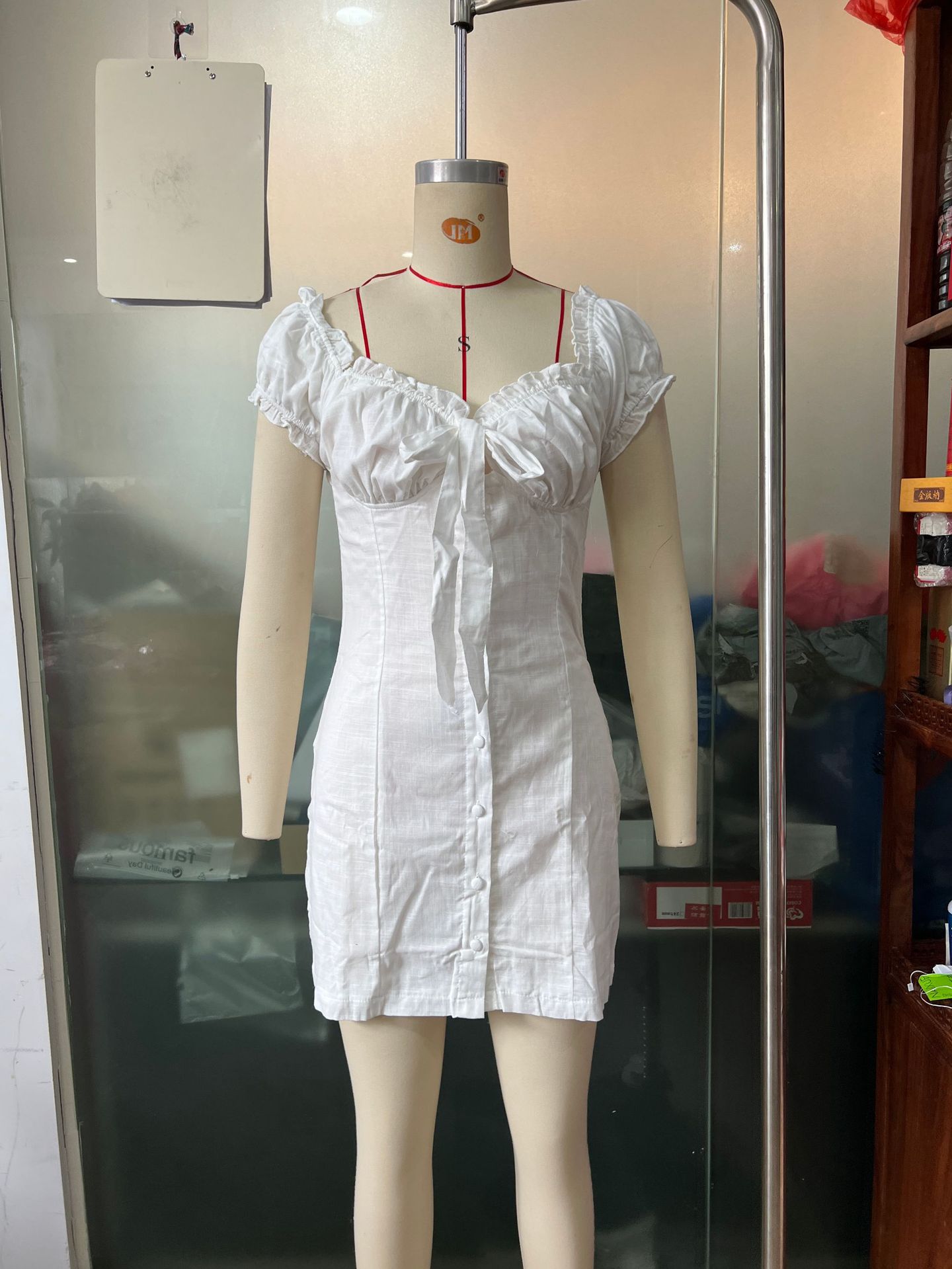 Women's off-shoulder lace-up puff-sleeve sheath dress from FitiqueFit, casualwear with single-breasted design and elegant style.