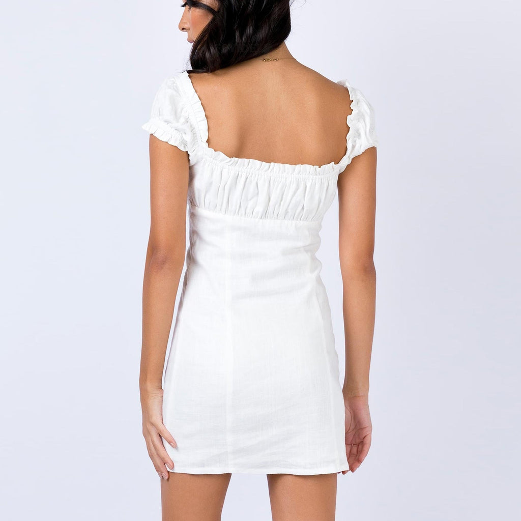 Women's off-shoulder lace-up puff-sleeve sheath dress by FitiqueFit, featuring single-breasted design and casual style.