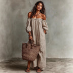 Women’s off-shoulder long-sleeve maxi dress by FitiqueFit, flowing casualwear with a relaxed fit and elegant neckline.