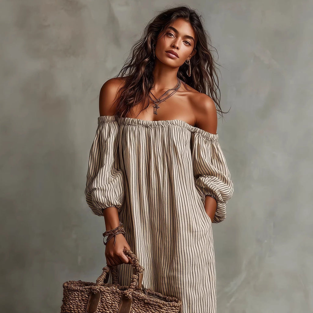 Women’s off-shoulder long-sleeve maxi dress by FitiqueFit, casualwear with a flowing silhouette and elegant neckline.
