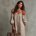 Women’s off-shoulder long-sleeve maxi dress by FitiqueFit, casualwear with a flowing silhouette and elegant neckline.