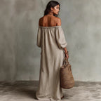 Women's off-shoulder long-sleeve maxi dress by FitiqueFit, featuring a flowing casualwear design and elegant neckline.