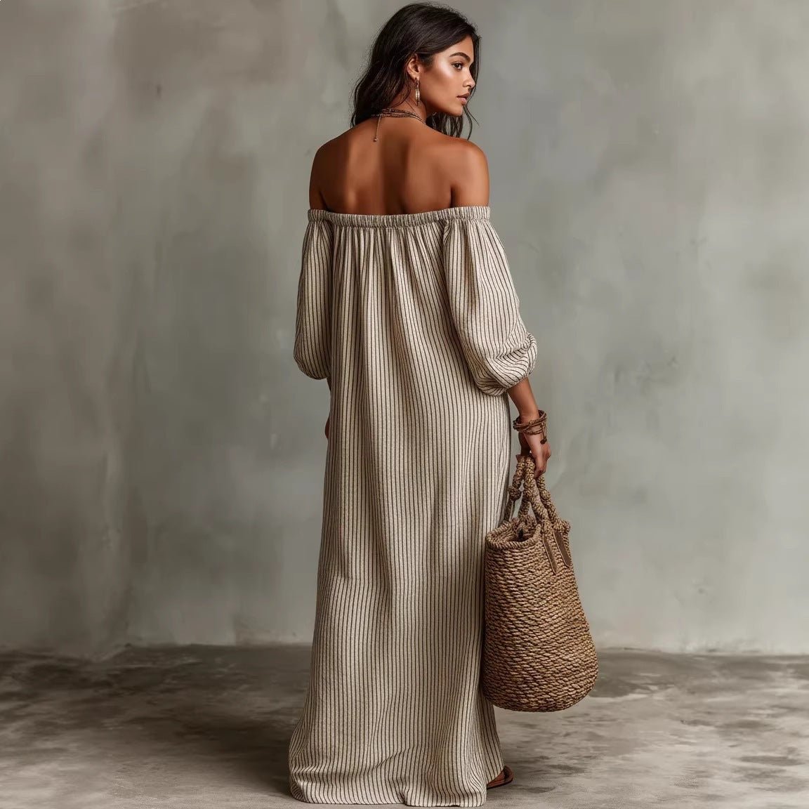 Women's off-shoulder long-sleeve maxi dress by FitiqueFit, featuring a flowing casualwear design and elegant neckline.