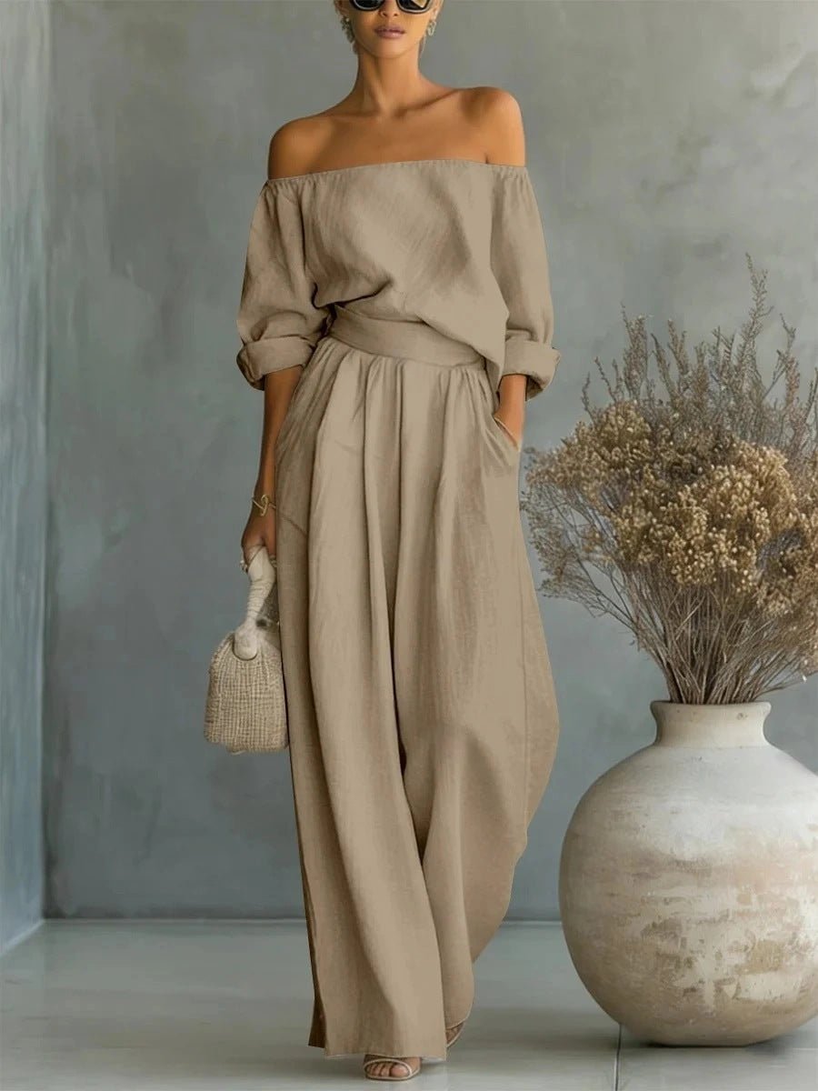 Women's off-shoulder long-sleeve top and wide-leg pants two-piece casualwear set from Plush Fashion Hub.