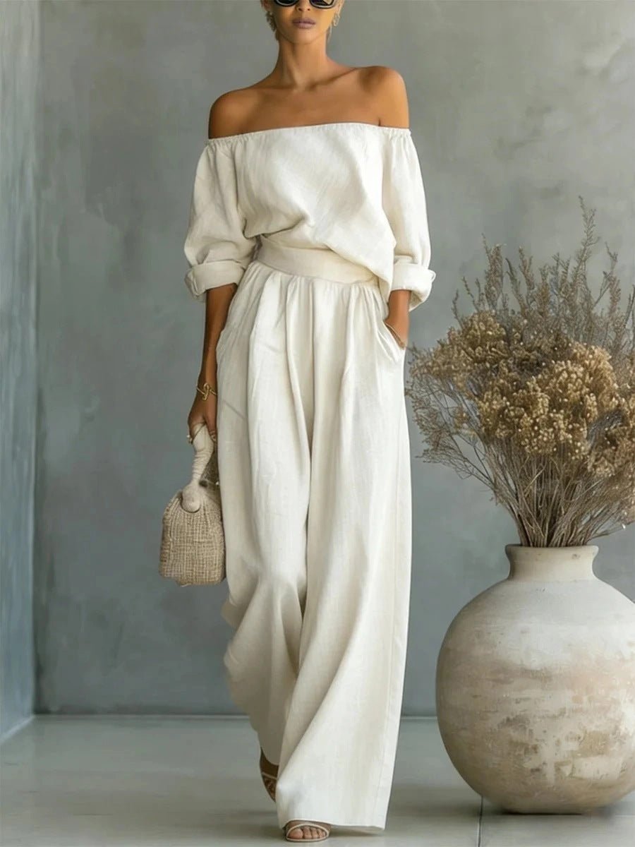 Women's off-shoulder long-sleeve top and wide-leg pants two-piece casualwear set by Plush Fashion Hub, displayed on a model.
