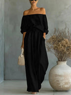 Women's off-shoulder long-sleeve top and wide-leg pants two-piece casualwear set by Plush Fashion Hub, styled on a model.