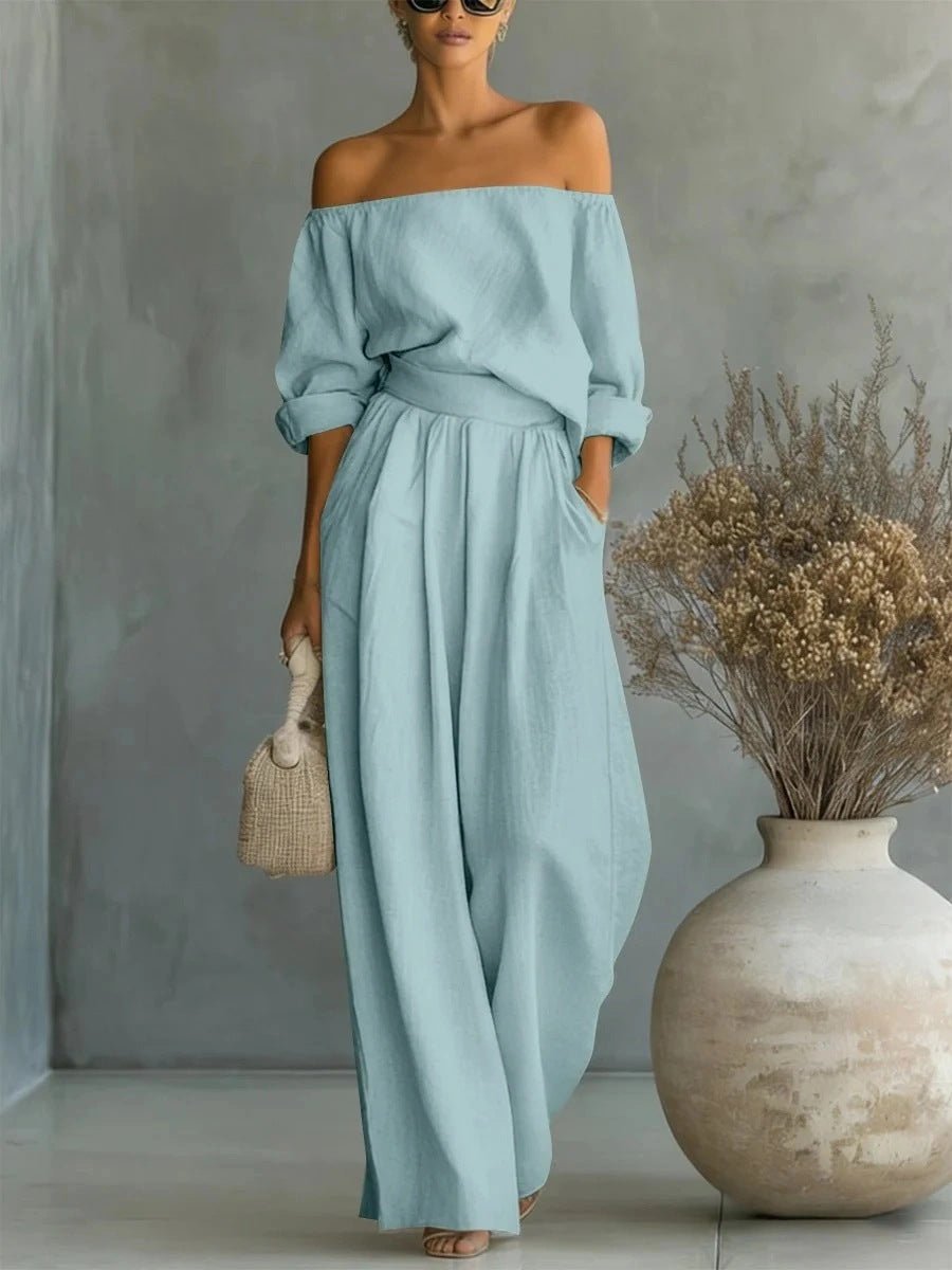 Women’s off-shoulder long-sleeve top and wide-leg pants two-piece casualwear set by Plush Fashion Hub, shown on a model.