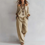 Women's casual off-shoulder top and wide-leg pants set by FitiqueFit, featuring stylish, comfortable summer fashion.