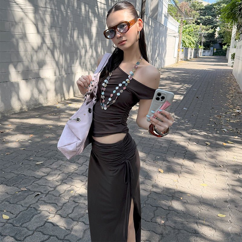 Women's off-shoulder vest and skirt two-piece casualwear set by FitiqueFit, featuring a stylish and comfortable design.