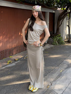Women's casual off-shoulder vest and skirt two-piece set by FitiqueFit, featuring a stylish, coordinated ensemble for everyday wear.