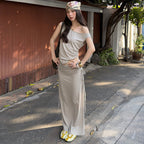 Women's casual off-shoulder vest and skirt two-piece set by FitiqueFit, featuring stylish, comfortable matching outfit for warm weather.