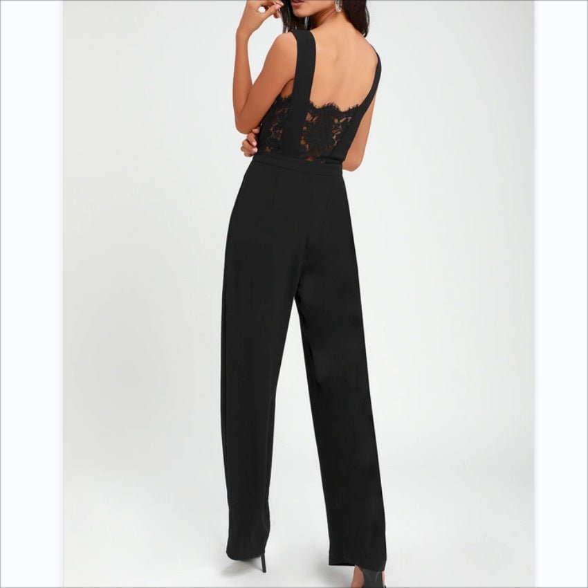 Women’s high-waisted lace-backless one-piece trousers by FitiqueFit, styled as a casual deep V outfit for women.