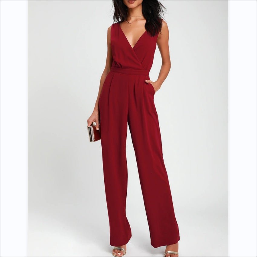 Women’s high-waisted lace-backless one-piece trousers by FitiqueFit, casualwear outfit with deep V neckline and stylish design.