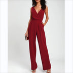 Women’s high-waisted lace-backless one-piece trousers by FitiqueFit, casualwear outfit with deep V neckline and stylish design.