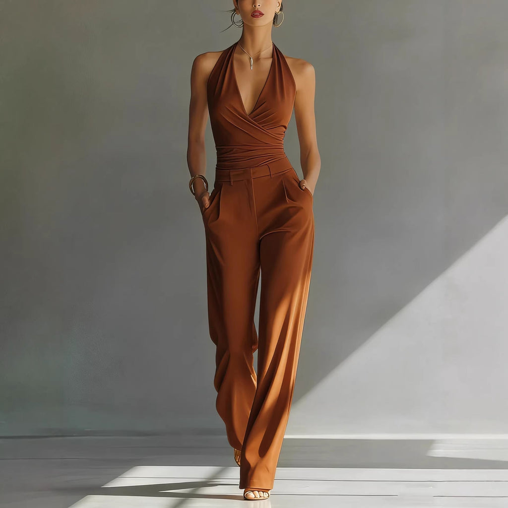 Women’s high-waisted casual trousers with lace backless design and deep V neckline from FitiqueFit, perfect for stylish casual wear.