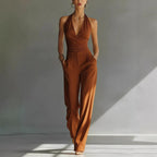 Women’s high-waisted casual trousers with lace backless design and deep V neckline from FitiqueFit, perfect for stylish casual wear.