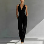Women's high-waisted casual trousers with lace backless design and deep V neckline, stylish FitiqueFit one-piece outfit.