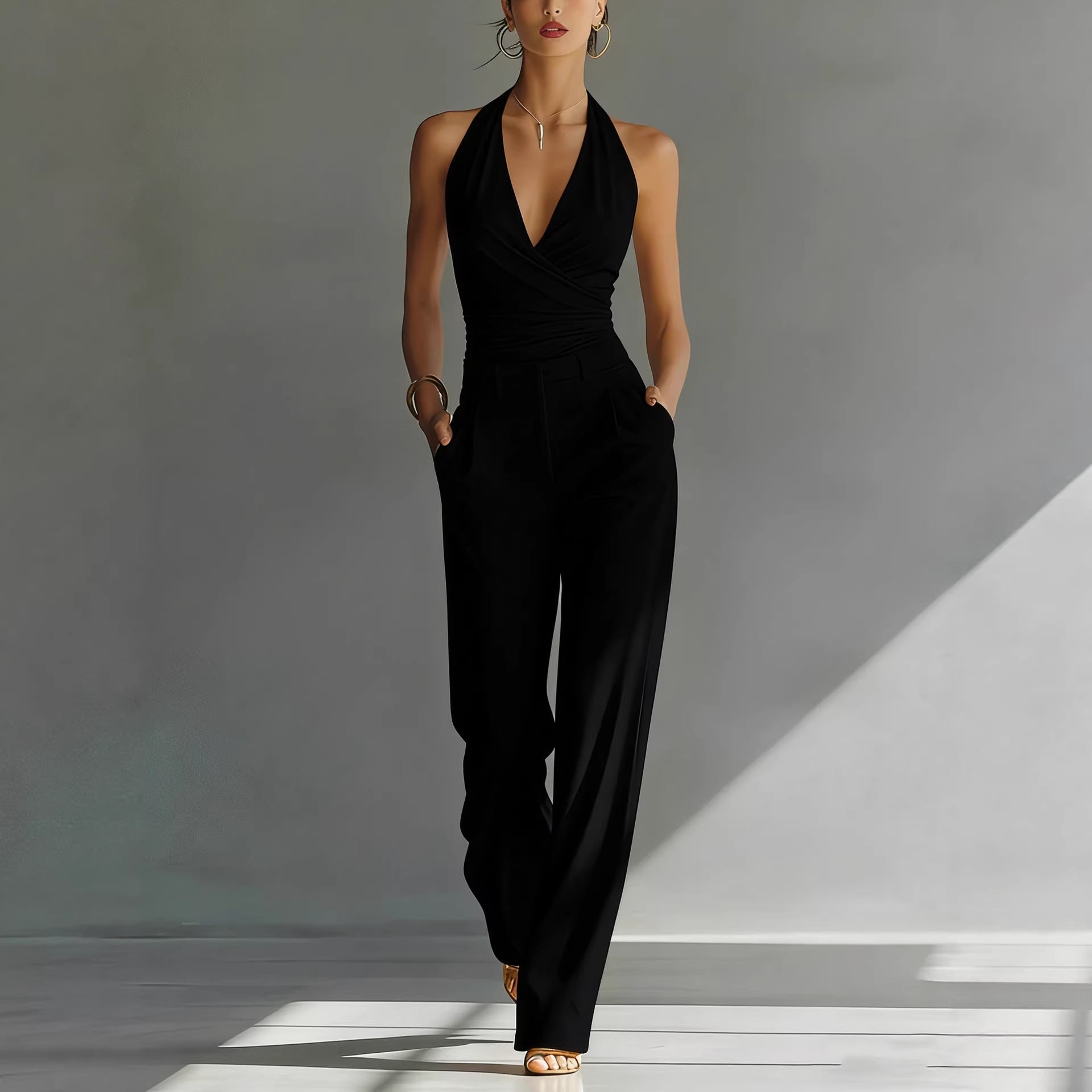 Women's high-waisted casual trousers with lace backless design and deep V neckline, stylish FitiqueFit one-piece outfit.