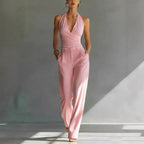 Women's high-waisted casual trousers by FitiqueFit featuring lace backless design and deep V neckline, perfect for stylish casual wear.
