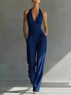 Women’s high-waisted casual trousers with lace backless deep V design by FitiqueFit, perfect for stylish, relaxed outfits.
