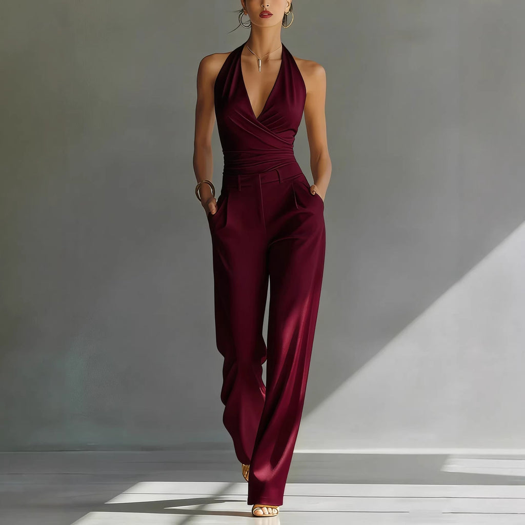 Women's high-waisted casual trousers with lace backless design and deep V neckline by FitiqueFit, styled as a chic one-piece outfit.